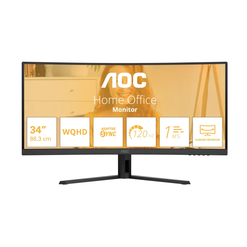 Monitor AOC 34" CU34B3E, Curvature: 1500R, Diagonal (inch): 34, Diagonal (cm): 86, Aspect ratio: 21:9, Panel: VA, Resolution: 3440x1440, Refresh Rate: 120Hz, Response time GtG: 4ms, Response time MPRT: 1ms, Brightness (max): 300 cd/m², Contrast (static)
