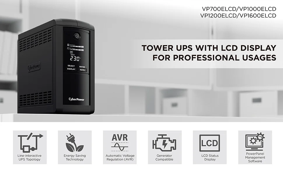 CYBERPOWER Value Pro VP1600ELCD UPS AC 230V 960Watt 1600VA 1-phase 9Ah RS-232 USB output connectors 4 Black