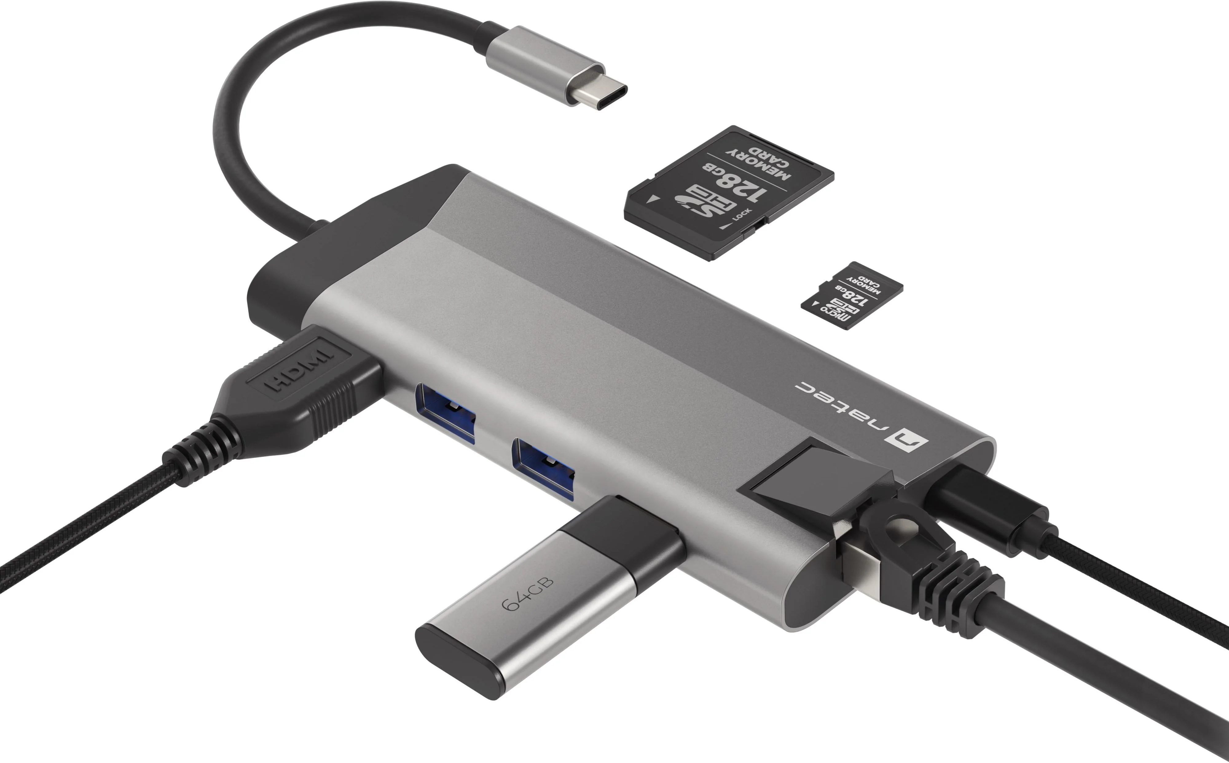 NATEC multiport Fowler Plus USB-C->HUB USB 3.0 3x HDMI 4K USB-C PD RJ45 SD Micro SD