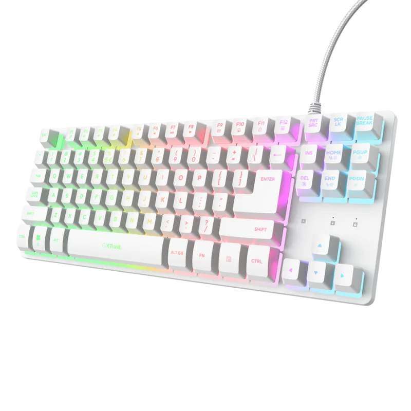 Tastatura Trust cu fir GXT833W Thado TKL, numar butoane 87, interfata USB 2.0, conector USB-A male, compatibila cu PS4, Xbox One, Nintendo Switch, PS5, alb