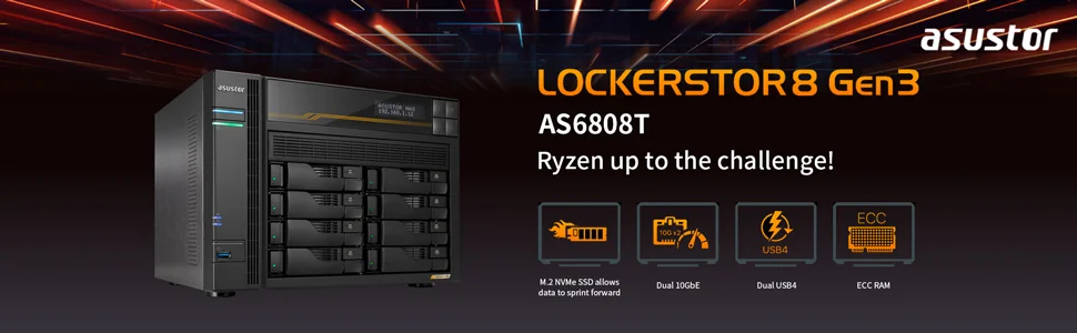 ASUSTOR AS6808T 8 Bay NAS AMD Ryzen Embedded V3C14 16GB ECC RAM DDR5 Dual USB 4 Ports Dual 10GbE Ports Dual 5GbE Ports Four M.2 SSD