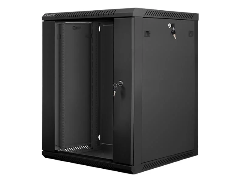 Dulap rack 19" perete 15U / 600x600 (flat pack) cu ușă din sticlă, negru V2 Lanberg