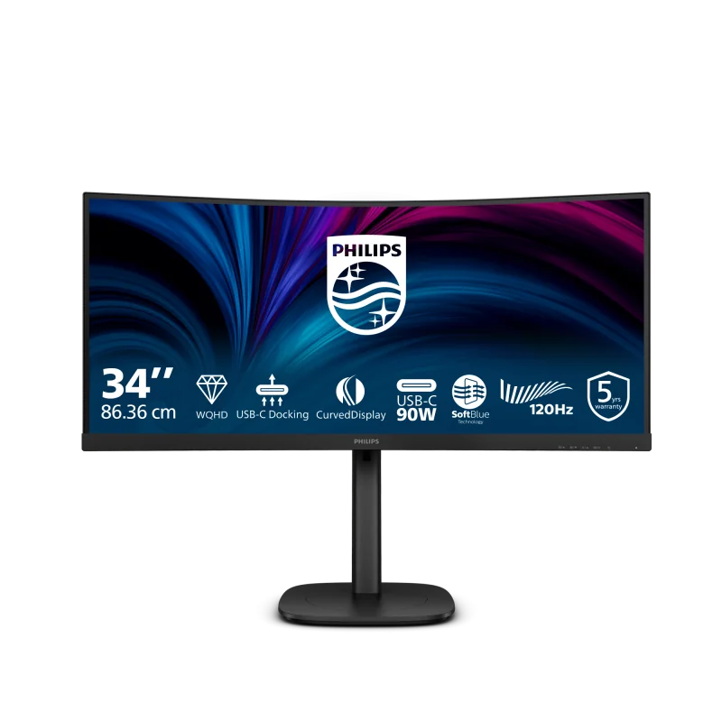 Monitor Philips 34" 34B2U3600C/00, Curvature: 1500R, Diagonal (inch): 34, Diagonal (cm): 86, Aspect ratio: 21:9, Panel: LCD VA, Resolution: 3440x1440, Refresh Rate: 100Hz, Response time GtG: 4ms, Brightness (max): 300 cd/m², Contrast (static) : 3500:1,