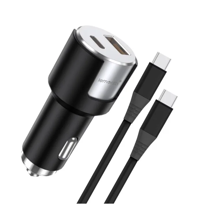Incarcator auto Lemontti Fast Charge 1 x port PD Type-C 20W + 1 x port USB-A QC 3.0 18W cu cablu Type-C la Type-C 20W, lungime 1m, Negru/Argintiu