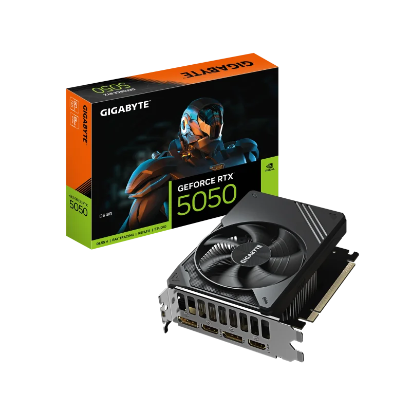 GIGABYTE GeForce RTX 5050 D6 8G. Graphics processor family: NVIDIA, Graphics processor: GeForce RTX 5050, Processor frequency: 2572 MHz. Discrete graphics card memory: 8 GB, Graphics card memory type: GDDR6, Memory bus: 128 bit, Memory clock speed: 20000