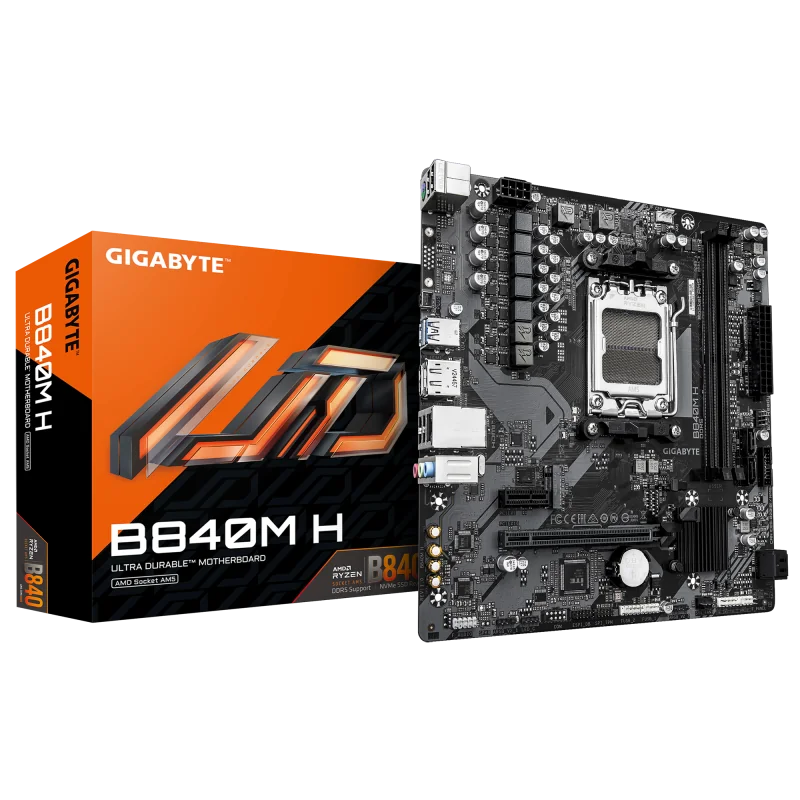 GIGABYTE B840M H. Processor manufacturer: AMD, Processor socket: Socket AM5, Compatible processor series: AMD Ryzen 7000 Series, AMD  Ryzen 8000 Series, AMD Ryzen 9000 Series. Supported memory types: DDR5-SDRAM, Maximum internal memory: 128 GB, Memory