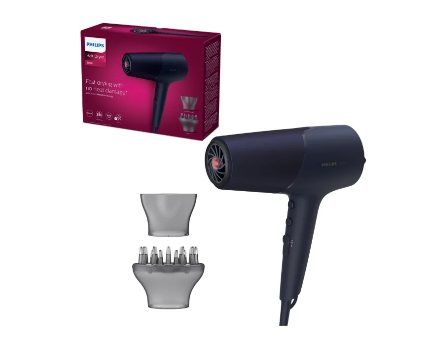 Uscator de par Philips BHD510/00, 2300W, tehnologie ThermoShield, ingrijire cu ioni, 2 setari de viteza, 3 setari de temperatura, difuzor, cap de coafare 11 mm, Albastru inchis metalizat Philips