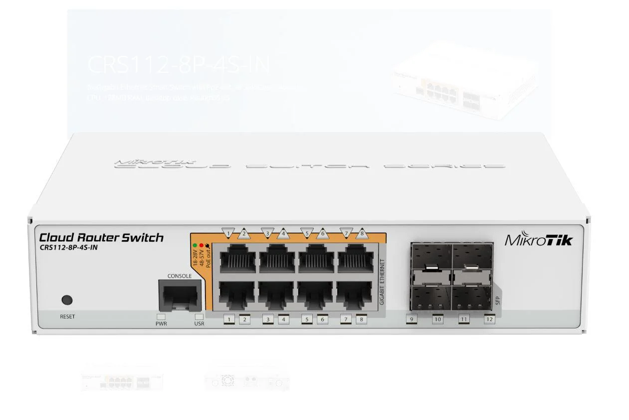 Management Switch, 8 x Gigabit cu PoE-out, 4 x SFP - Mikrotik CRS112-8P-4S-IN