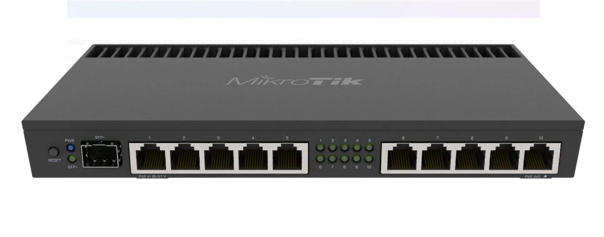 Router 10 x Gigabit, 1 x SFP+ 10Gbps, 1 x PoE, RouterOS L5, 1U - Mikrotik RB4011iGS+RM