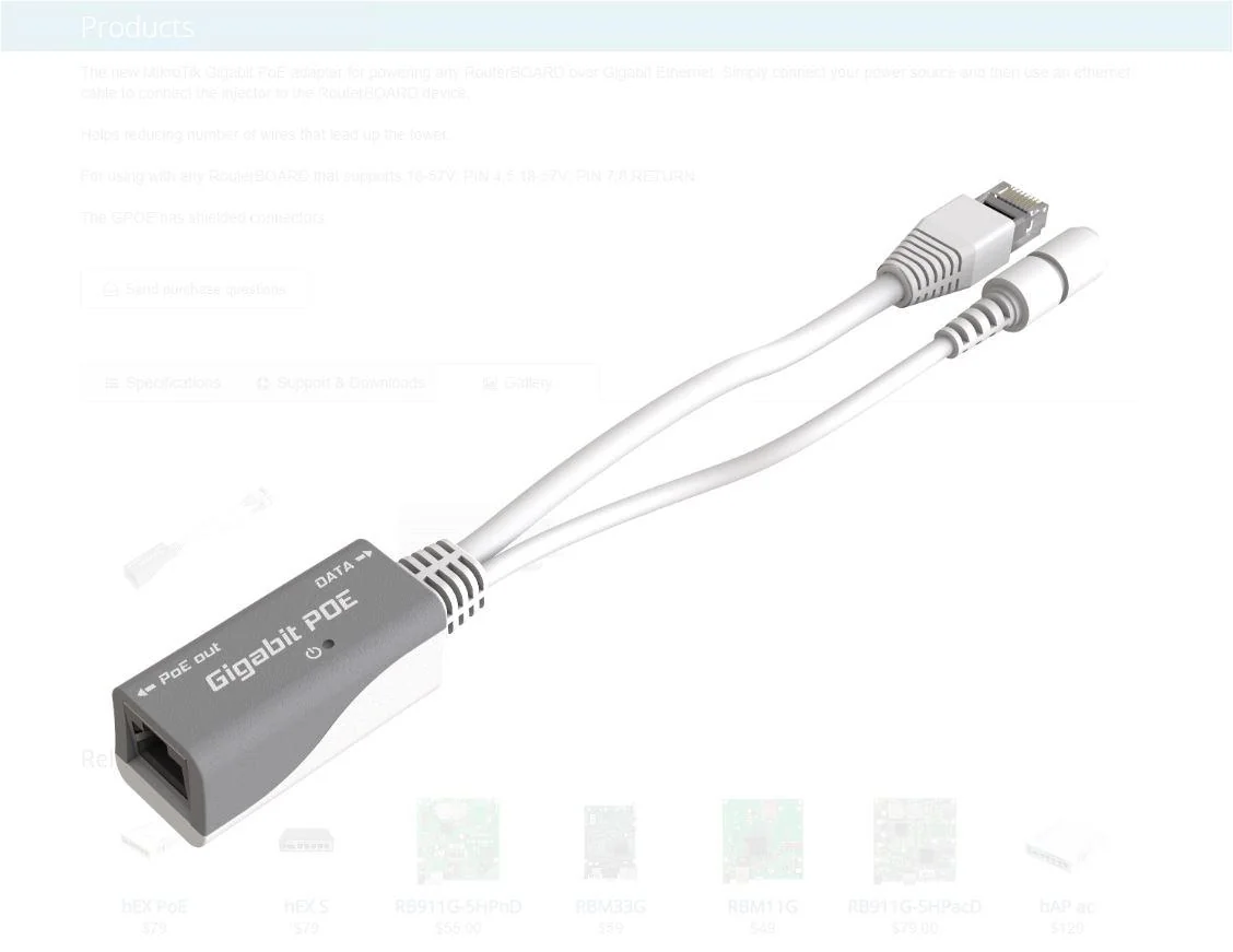 Injector PoE pasiv 18-57V, Gigabit - Mikrotik RBGPOE
