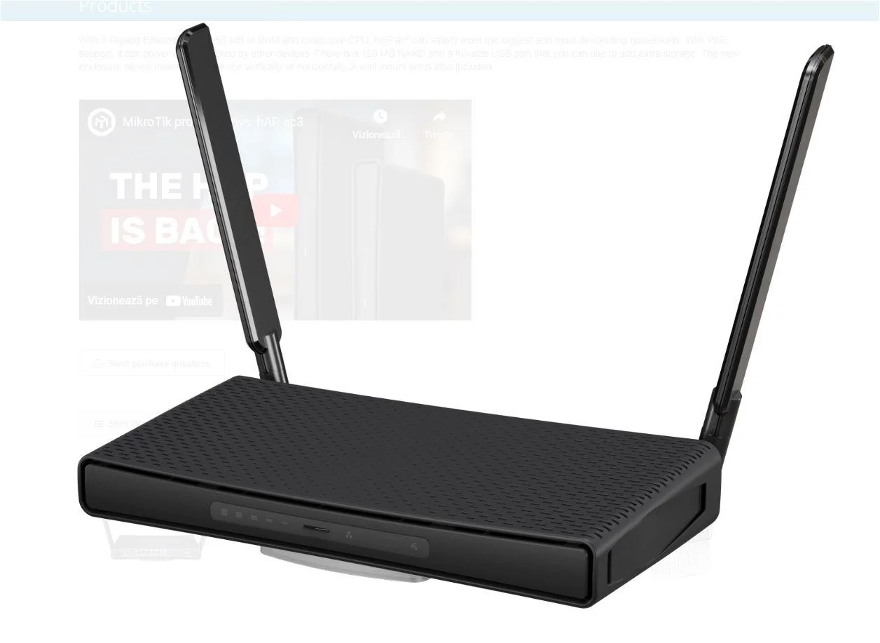 hAP acÂ³, 5 x Gigabit, 1 x PoE, 802.11b/g/n 2.4Ghz, 802.11ac 5Ghz, antene externe 3dBi 2.4GHz, 5.5dBi 5GHz - MikroTik RBD53iG-5HacD2HnD