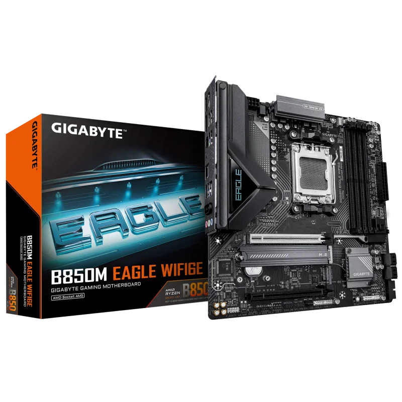 GIGABYTE B850M EAGLE WIFI6E. Processor manufacturer: AMD, Processor socket: Socket AM5, Compatible processor series: AMD Ryzen 7000 Series, AMD Ryzen 8000 Series, AMD Ryzen 9000 Series. Supported memory types: DDR5-SDRAM, Maximum internal memory: 256 GB,