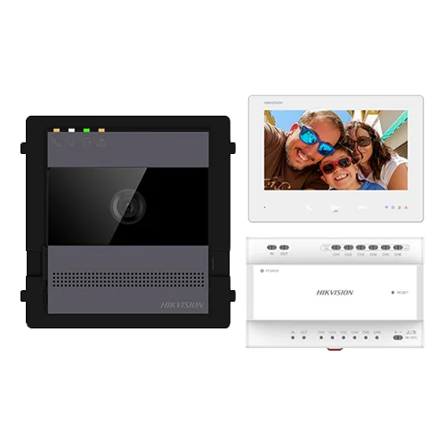 Kit videointerfon IP Hikvision DS-KIS704EY-AL, 2 fire, monitor 7", 1 familie, alarmă, IK08, card 32GB Hikvision