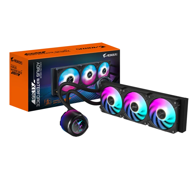 GIGABYTE AORUS WATERFORCE X II 360. Type: All-in-one liquid cooler, Fan diameter: 12 cm, Maximum air pressure: 3.15 mmH2O. Product colour: Black