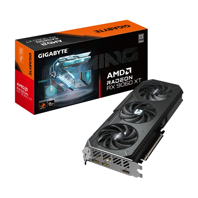 GIGABYTE Radeon RX 9060 XT GAMING 8G. Graphics processor family: AMD, Graphics processor: Radeon RX 9060 XT. Discrete graphics card memory: 8 GB, Graphics card memory type: GDDR6, Memory bus: 128 bit, Memory clock speed: 20000 MHz. Maximum resolution: