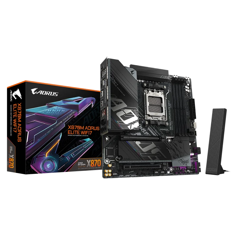 GIGABYTE X870M AORUS ELITE WIFI7. Processor manufacturer: AMD, Processor socket: Socket AM5, Compatible processor series: AMD Ryzen 7000 Series, AMD Ryzen 8000 Series, AMD Ryzen 9000 Series. Supported memory types: DDR5-SDRAM, Maximum internal memory:
