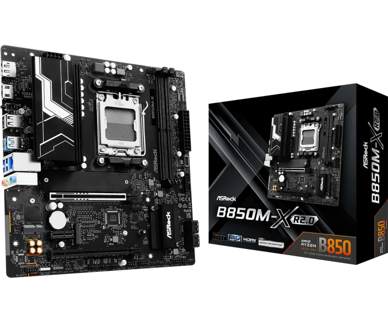 Asrock B850M-X R2.0. Processor manufacturer: AMD, Processor socket: Socket AM5, Compatible processor series: AMD Ryzen 7000 Series, AMD Ryzen 8000 Series, AMD Ryzen 9000 Series. Supported memory types: DDR5-SDRAM, Maximum internal memory: 128 GB, Memory