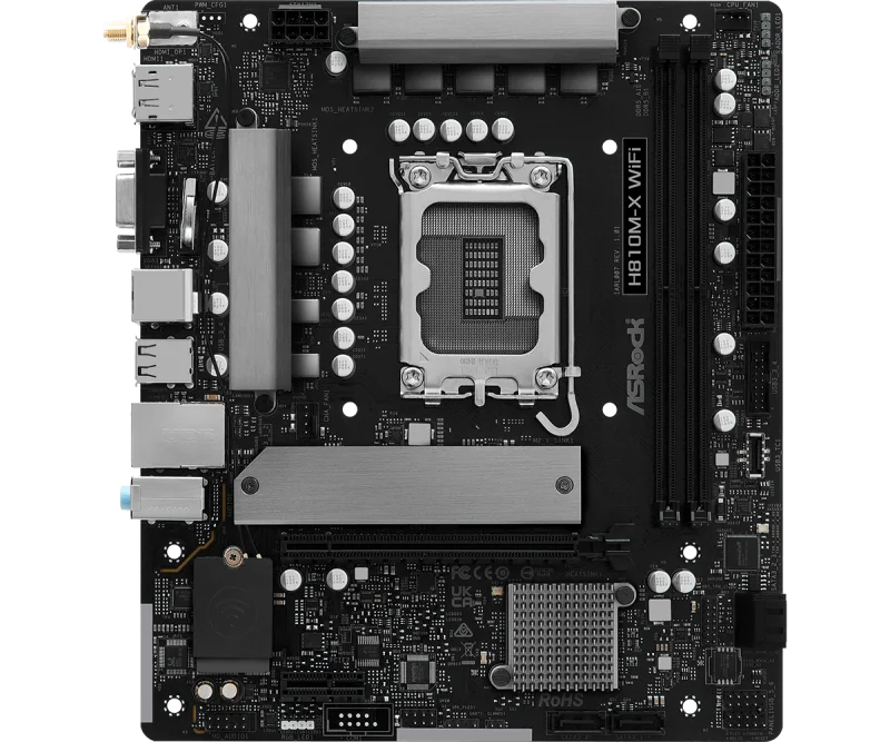 Asrock H810M-X WiFi. Processor manufacturer: Intel, Processor socket: LGA 1851 (Socket V1), Compatible processor series: Intel Core Ultra (Series 2). Supported memory types: DDR5-SDRAM, Maximum internal memory: 128 GB, Memory slots type: DIMM. Supported