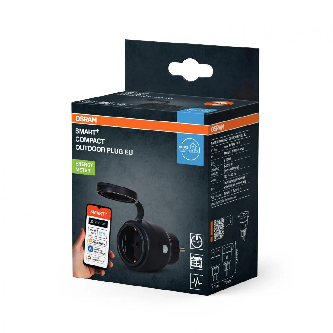 Priza inteligenta de exterior Osram SMART+ Matter over WiFi (2.4 GHz), 16A, 3680W, IP44, compatibila Amazon Alexa, Google Home, Apple Home, Samsung SmartThings si alte platforme Matter, Neagra Osram