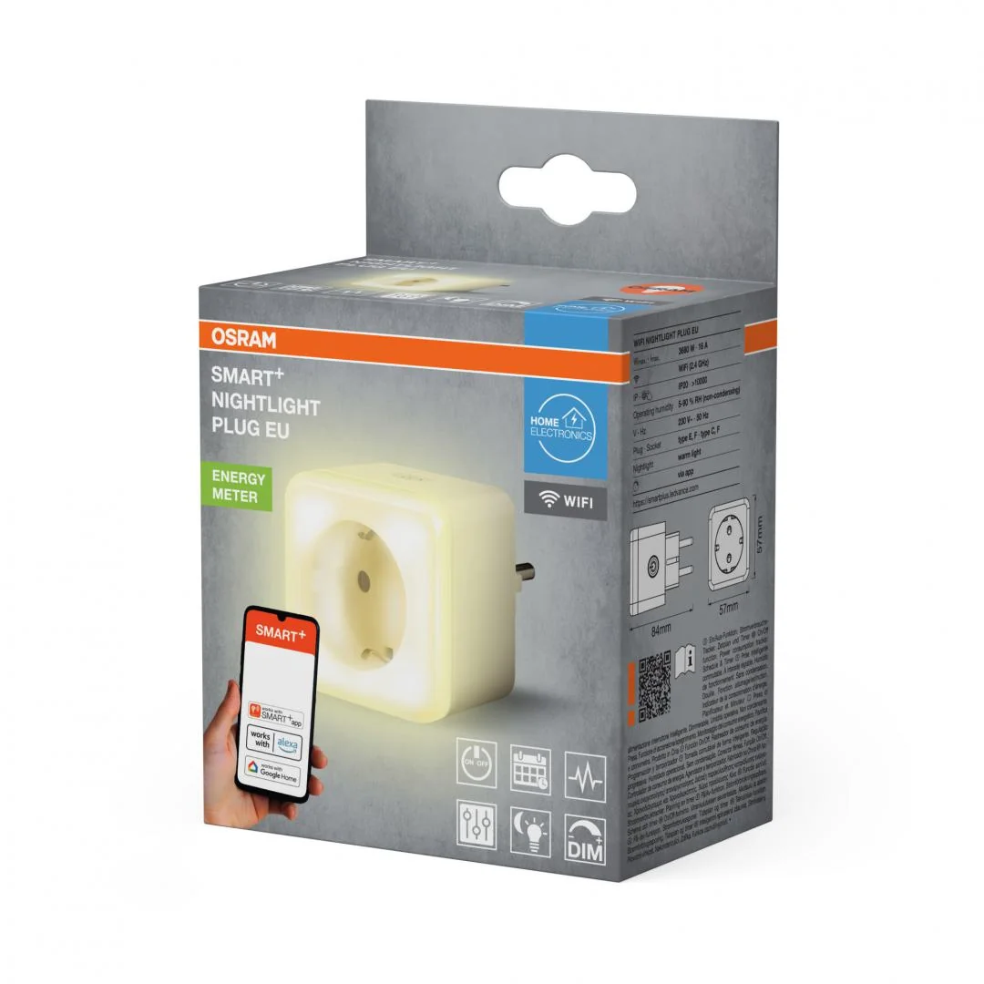 Priza inteligenta Osram Smart+ Wi-Fi, cu lumina de noapte, 16A,3680W,IP20, compatibila Amazon Alexa, Google Home Osram