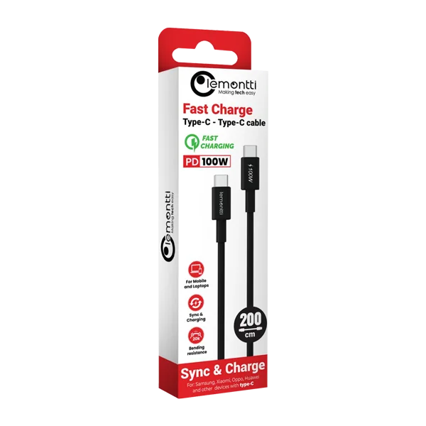 Cablu Lemontti Fast Charge Type-C la Type-C, PD, 100W, lungime 2m, Negru