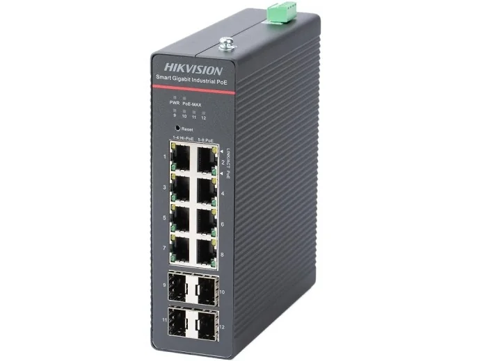 Switch 8 x RJ45 Gigabit PoE 802.3at/af/bt, 4 x SFP Gigabit, Smart Management, sina DIN - HIKVISION DS-3T1512HP-SI-8P4F