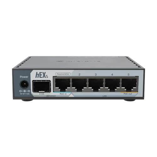 Router hEX, 5 porturi RJ45 Gigabit, 1 x SFP 2.5G, 1 x PoE Out, USB, PoE In - MikroTik E60iUGS