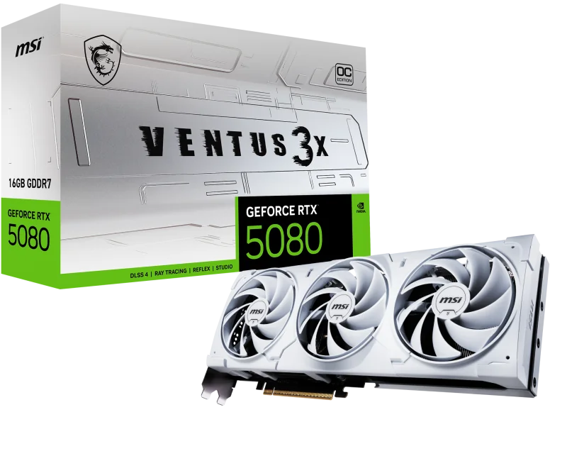 MSI VENTUS GEFORCE RTX 5080 16G 3X OC WHITE. Graphics processor family: NVIDIA, Graphics processor: GeForce RTX 5080. Discrete graphics card memory: 16 GB, Graphics card memory type: GDDR7, Memory bus: 256 bit. Maximum resolution: 7680 x 4320 pixels.