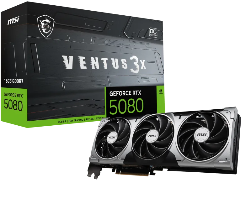 MSI VENTUS GeForce RTX5080 16G 3X OC. Graphics processor family: NVIDIA, Graphics processor: GeForce RTX 5080. Discrete graphics card memory: 16 GB, Graphics card memory type: GDDR7, Memory bus: 256 bit. Maximum resolution: 7680 x 4320 pixels. DirectX