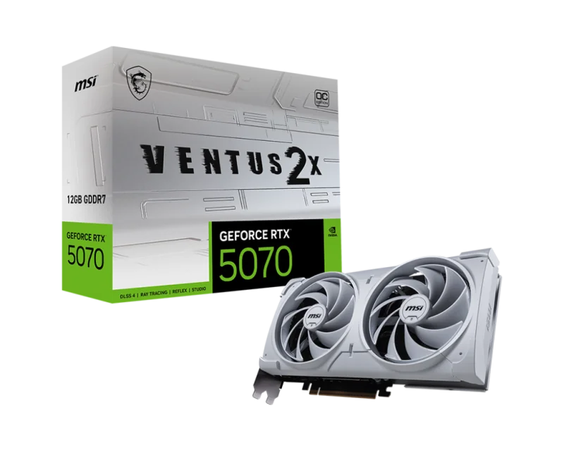 MSI GeForce RTX5070 VENTUS 2X OC White. Graphics processor family: NVIDIA, Graphics processor: GeForce RTX 5070. Discrete graphics card memory: 12 GB, Graphics card memory type: GDDR7, Memory bus: 192 bit. Maximum resolution: 7680 x 4320 pixels. DirectX