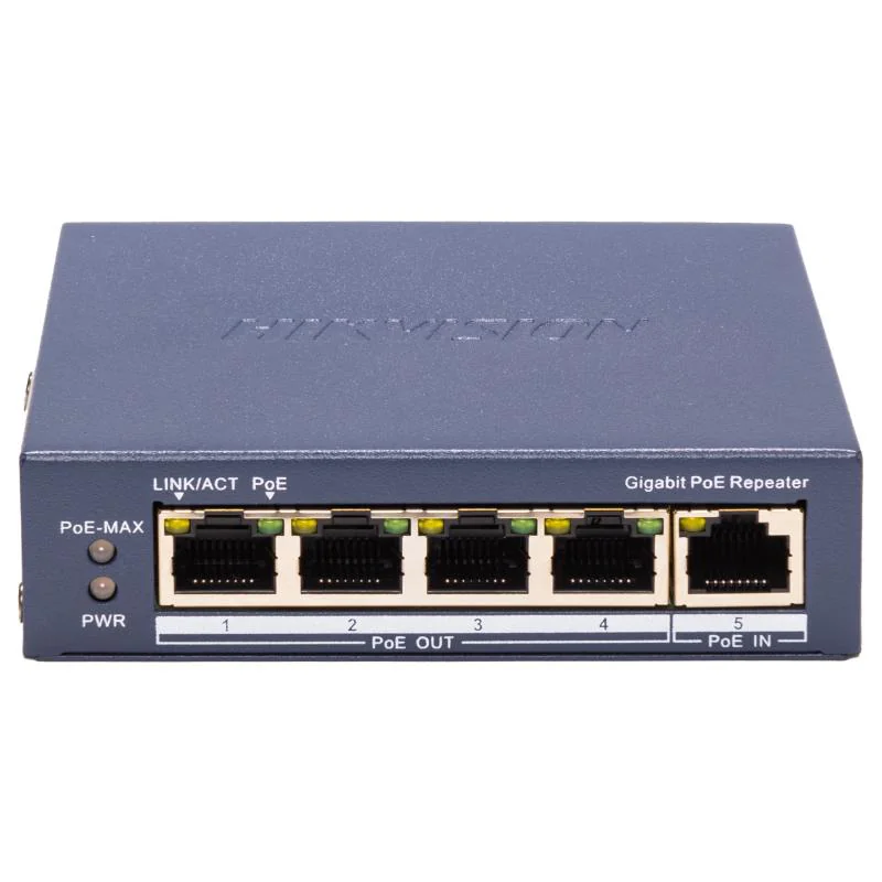 Repetor PoE Hikvision DS-3E0505P-E/R: 5 × 10/100 Mbps PoE PoE RJ45 port, 4 porturi PoE maxim 30W, buget PoE 60W, dimensiuni: 105.00 mm × 27.6 mm × 83.1 mm, greutate: 0.25kg, montare pe birou sau pe perete.