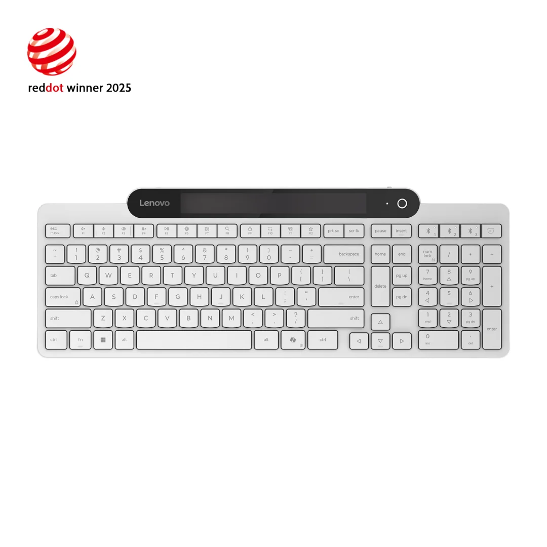 Tastatura Lenovo 800 Self-Charging Bluetooth; reincarcabila cu ajutorul luminii ambientale, fara spatiu destinat bateriilor clasice; layout: US; conectivitate: BT 5.1, se poate conecta la 3 dispozitive; greutate: 635g; compatibil cu Windows 10, Windows