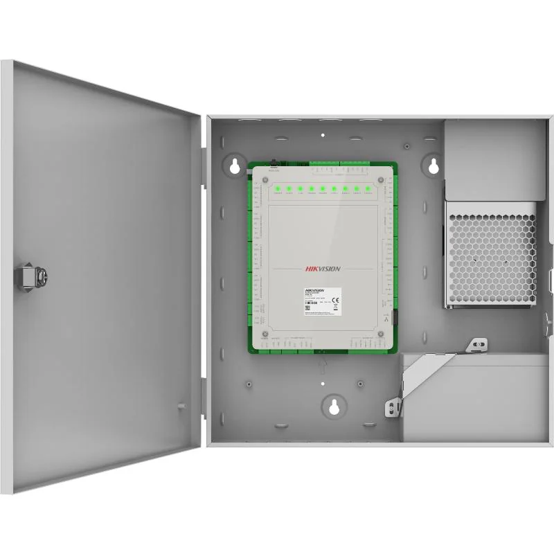 Centrala control acces Hikvision DS-K2621X, pentru 1 usa bidirectionale (2 citittoare); Capacitate de stocare: 100,000 cartele si 300,000 evenimente; Comunicare: TCP/IP si RS-485; Compatibilitate cititoare: 2x Wiegand sau 2x RS485; Intrari: 2 alarm