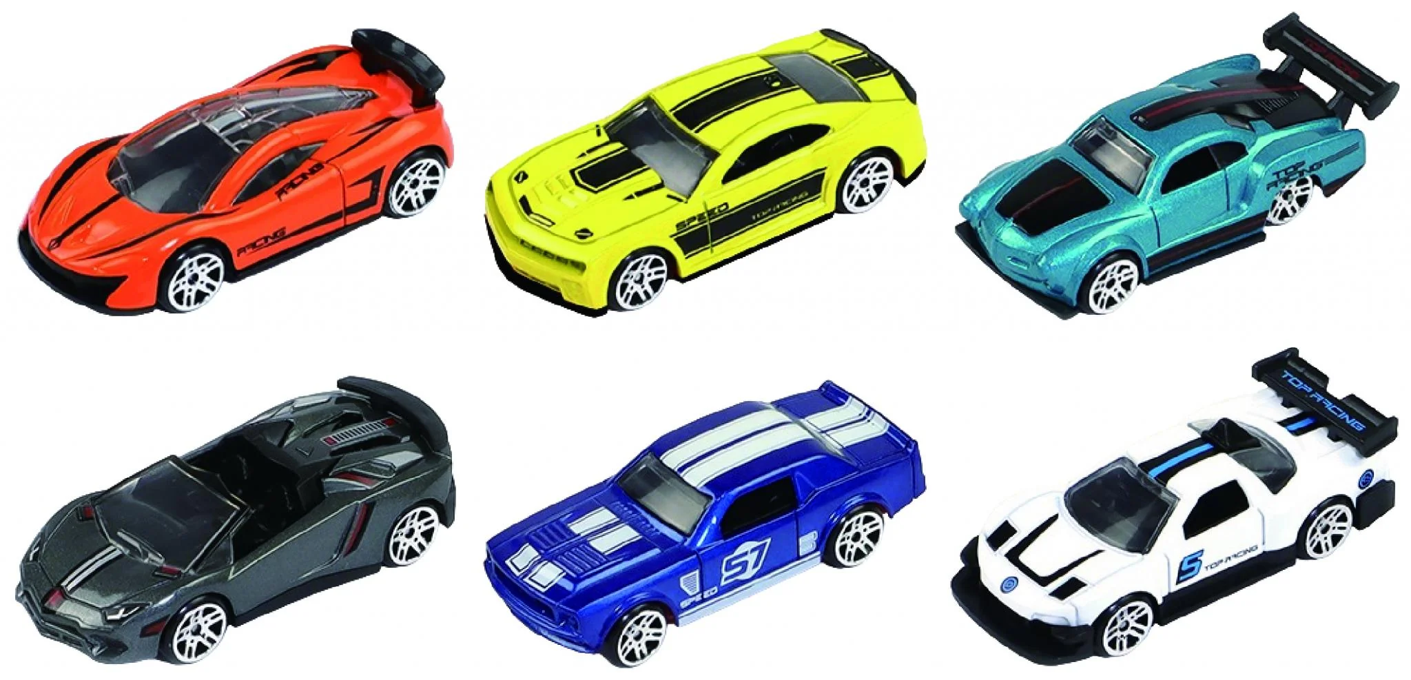MACHETA DIE CAST, SET 6 MASINI CURSE, SCARA 1/64, 7.5CM, DIVERSE MODELE SI CULORI- PORTOCALIU, GALBEN, BLEU, GRI, ALBASTRU, ALB, NEGRU Cevodle