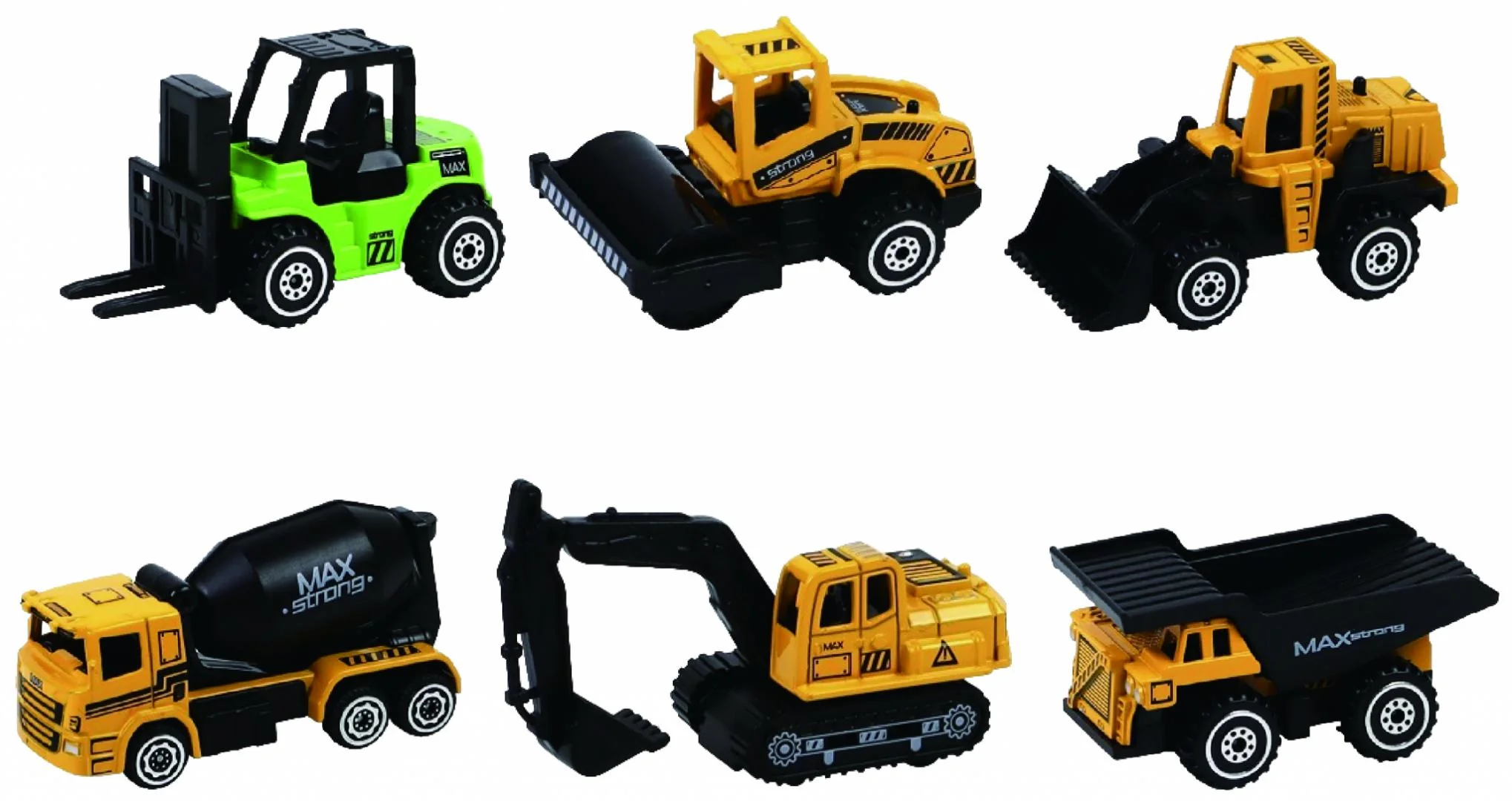 MACHETA DIE CAST, SET 6 UTILAJE, SCARA 1/64, 7.5CM, DIVERSE MODELE SI CULORI- INCARCATOR, COMPACTOR, BULDOZER, BETONIERA, EXCAVATOR SENILE, BASCULANTA- ALB, BLEU,NEGRU SI GALBEN Cevodle