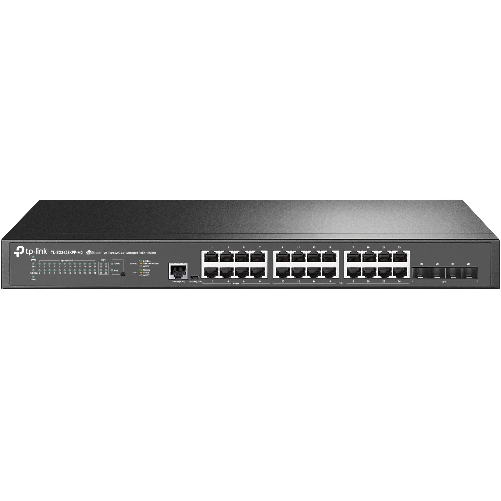"JetStream™ 24-Port 2.5GBASE-T and 4-Port 10GE SFP+ L2+ Managed Switch with 16-Port PoE+ & 8-Port PoE++ PORT: 24× 2.5G RJ45 Ports (8× 2.5G PoE++ Ports & 16× 2.5G PoE+ Ports), 4× 10G SFP+ Slots, RJ45/Micro-USB Console Port SPEC: 802.3bt/at/af, 500 W PoE