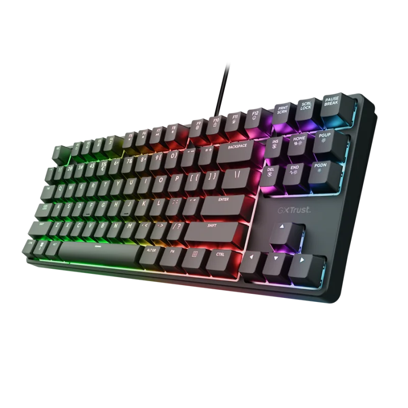 Tastatura gaming mecanica cu fir Trust GXT 864 Cada TKL, iluminare, swithc tactile Huano, numar taste 87, negru