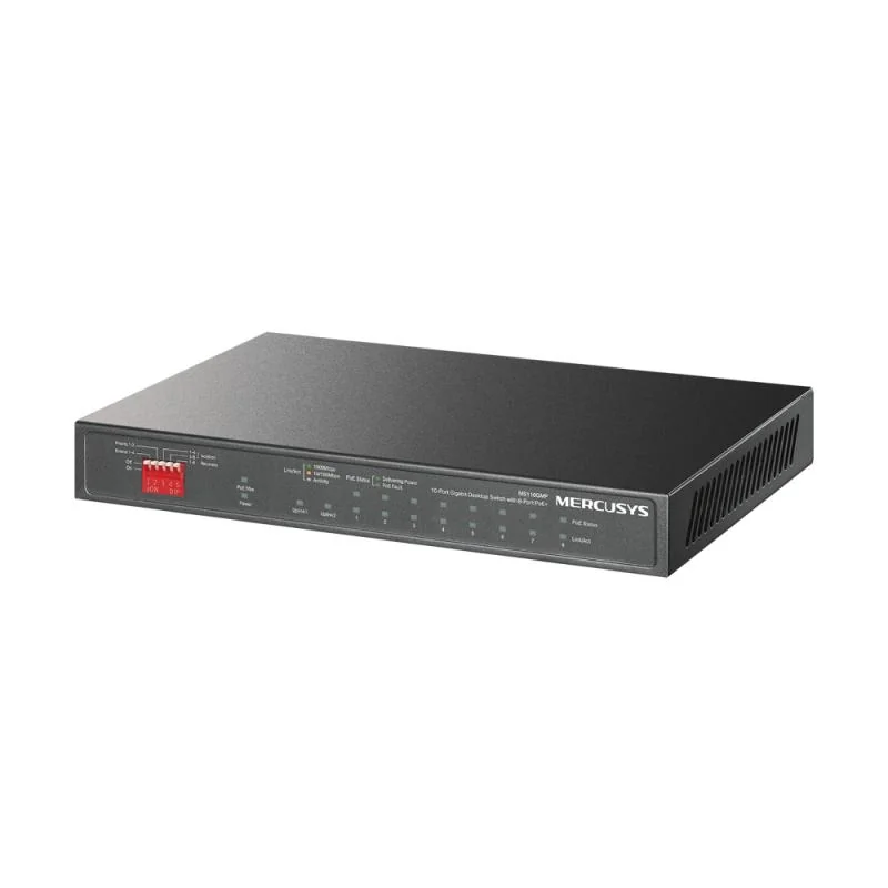 Switch desktop Mercusys 8× 10/100/1000 Mbps PoE+ Ports, 2× 1000 Mbps RJ45 Ports, AUTO Negotiation, AUTO MDI/MDIX, 10BASE-T: UTP category 3, 4, 5 cable (maximum 100m), EIA/TIA-568 100Ω STP (maximum 100m), • EIA/TIA-568 100Ω STP (maximum 100m), 1000BASE-T: