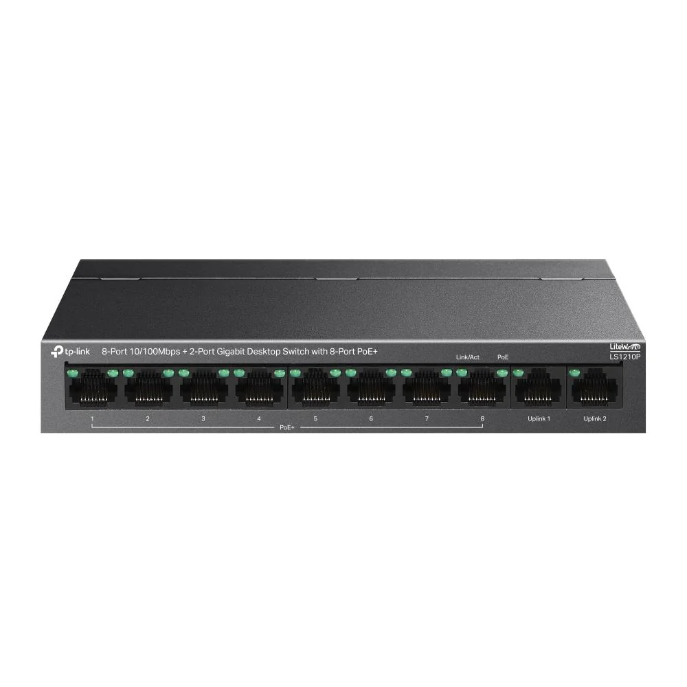 Switch TP Link 8-Port 10/100Mbps+2-Port Gigabit Desktop Switch with 8- Port PoE+, 10BASE-T: UTP category 3, 4, 5 cable (maximum 100m), 100BASE- TX: UTP category 5 or above cable (maximum 100m), 1000BASE-T: UTP category 5e or above cable (maximum 100m),