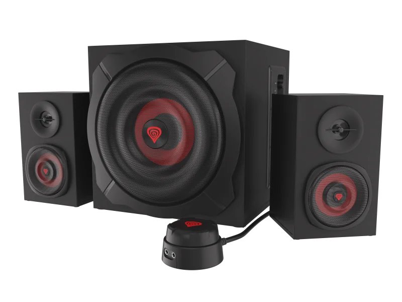 Sistem audio Genesis HELIUM 610BT, putere maxima RMS 60W, frecventa raspuns 40 - 20000 Hz, conectivitate mini jach, bluetooth 4.2, material lemn, negru/rosu