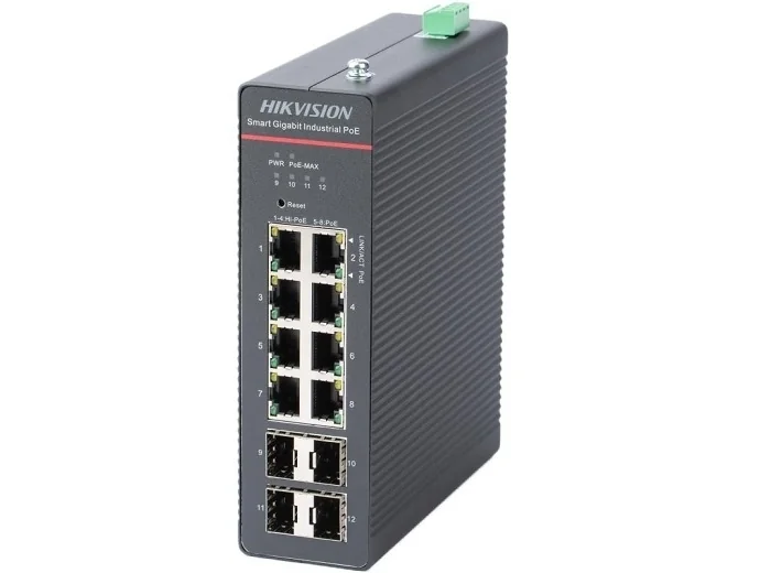 Kit switch Hikvision DS-3T1512HP-SI-8P4F, 12 porturi (8x RJ45 Gigabit PoE 802.3af/at/bt + 4x SFP), sursa 240W, management Hikvision