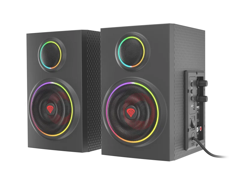 Sistem audio 2.0 Genesis HELIUM 300BT, putere totala RMS 24 W, frecventa raspuns 100 - 20000 Hz, material lemn, iluminare ARGB, negru
