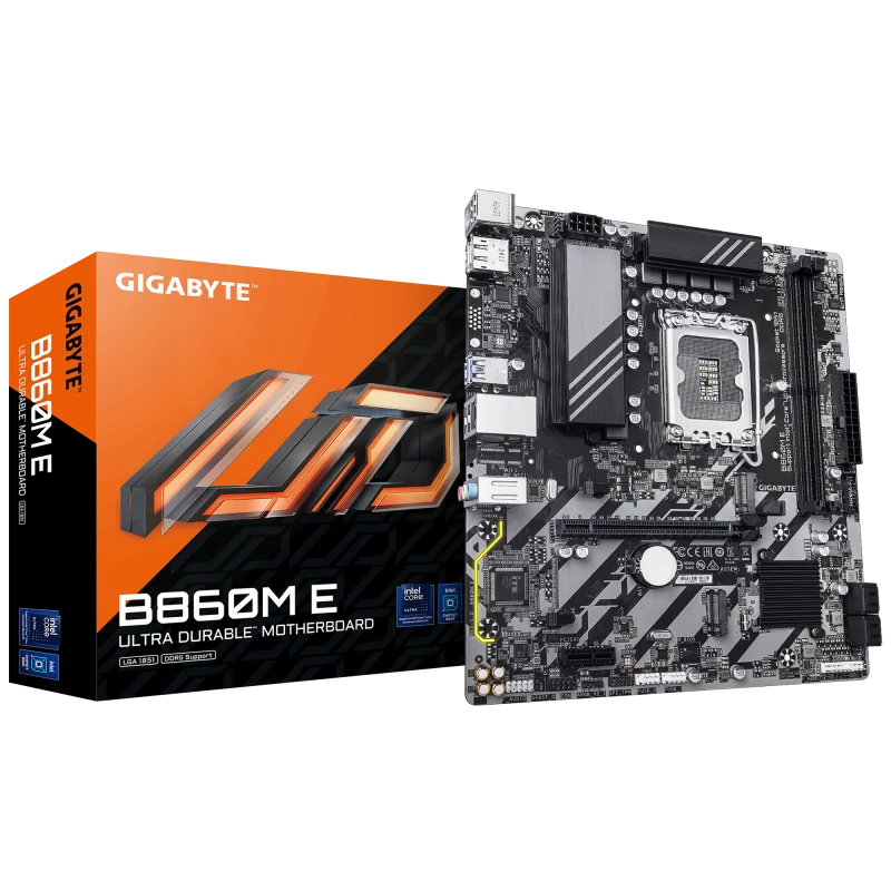 GIGABYTE B860M E. Processor manufacturer: Intel, Processor socket: LGA 1851 (Socket V1), Compatible processor series: Intel Core Ultra (Series 2). Supported memory types: DDR5-SDRAM, Maximum internal memory: 128 GB, Memory slots type: DIMM. Supported