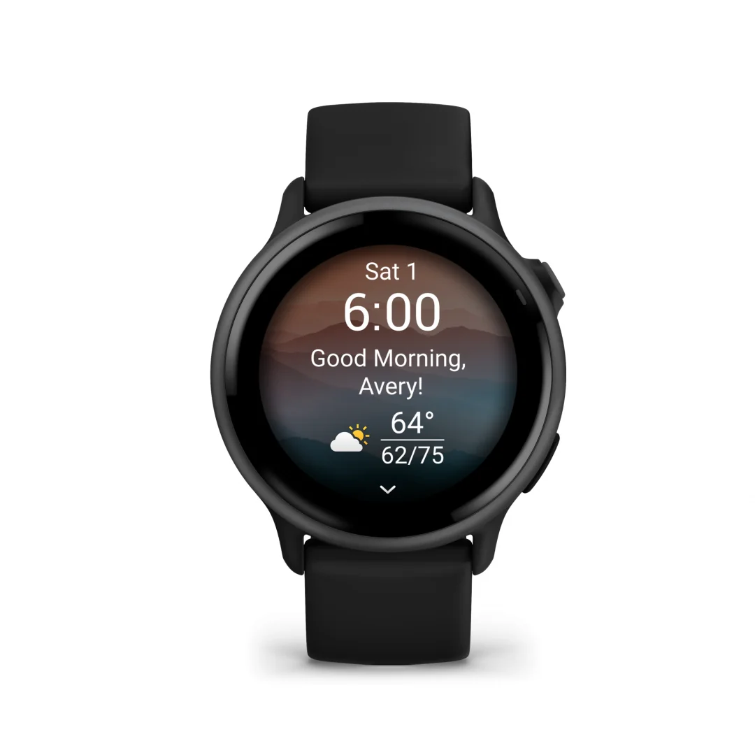 Ceas Garmin vívoactive 6 display AMOLED, dimensiune afisaj 30.4 mm, rezolutie afisaj  390 x 390 pixeli, memorie 8GB, autonomie până la 11 zile (5 zile cu afişajul permanent pornit) rezistanta la apa pana la 5 ATM, greutate: 23g, ramă Black cu curea Bone,