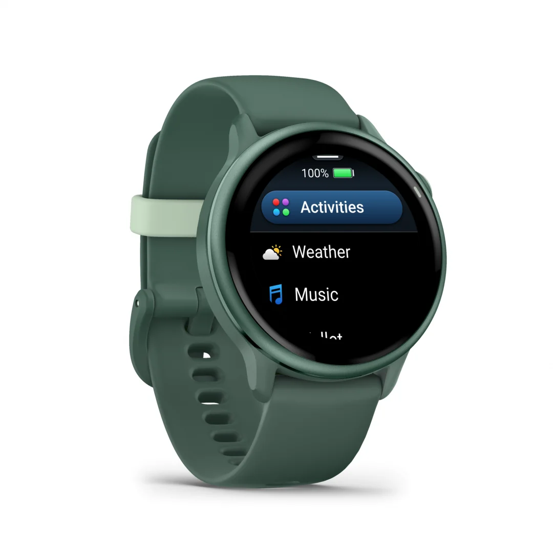 Ceas Garmin vívoactive 6 display AMOLED, dimensiune afisaj 30.4 mm, rezolutie afisaj  390 x 390 pixeli, memorie 8GB, autonomie până la 11 zile (5 zile cu afişajul permanent pornit) rezistanta la apa pana la 5 ATM, greutate: 23g, ramă Jasper Green cu