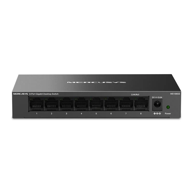 Mercusys MS108GS. Switch type: Unmanaged. Basic switching RJ-45 Ethernet ports type: Gigabit Ethernet (10/100/1000), Basic switching  RJ-45 Ethernet ports quantity: 8. Full duplex. MAC address table: 8000 entries, Switching capacity: 16 Gbit/s.