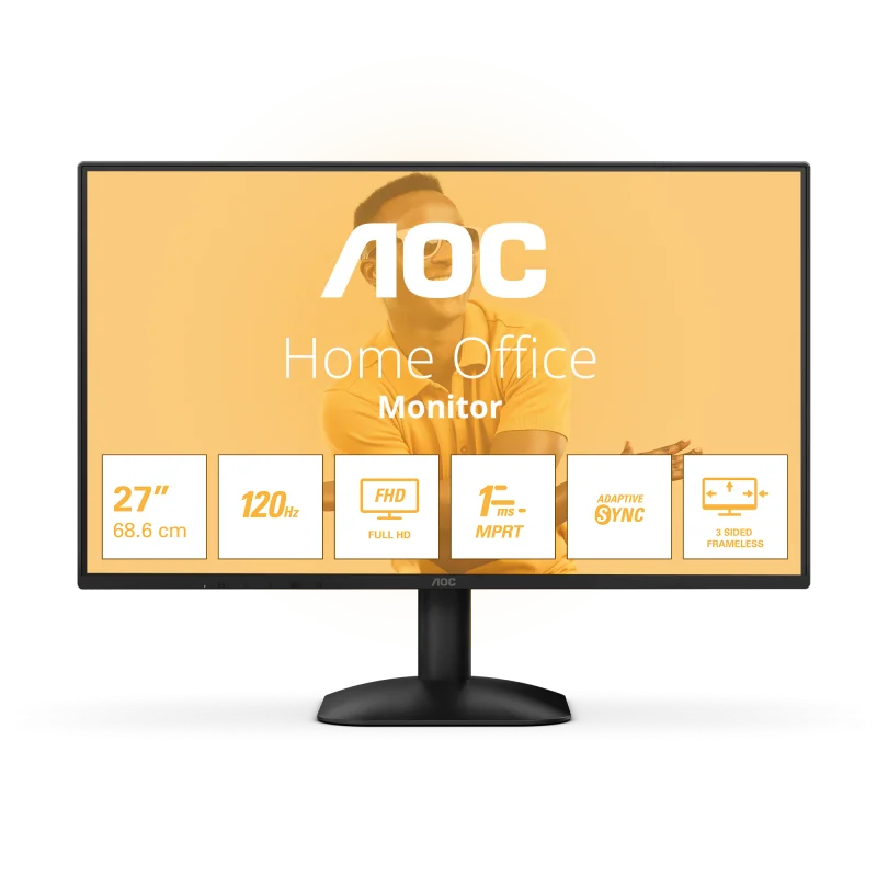 Monitor AOC 27" 27B31H, Diagonal (inch): 27, Diagonal (cm): 68, Aspect ratio: 16:9, Panel: IPS, Resolution: 1920x1080, Refresh Rate: 120Hz, Response time GtG: 4ms, Response time MPRT: 1ms, Brightness (max): 300 cd/m², Contrast (static) : 1500:1, Contrast
