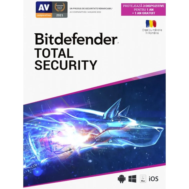 Licenta retail Bitdefender Total Security protectie anti-malware completa pentru Windows, macOS, iOS si Android, valabila pentru 1 an, 3 dispozitive