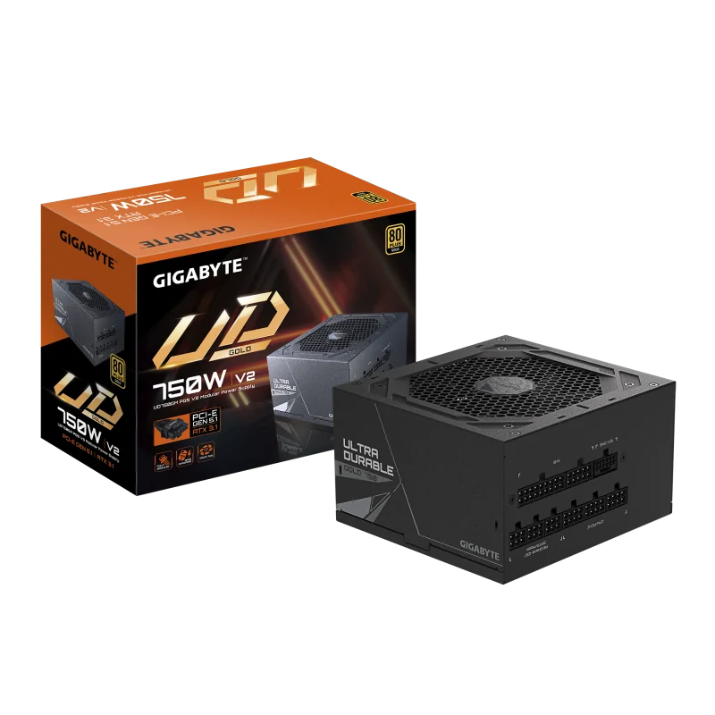 GIGABYTE UD750GM PG5 V2. Total power: 750 W, AC input voltage: 100 - 240 V, AC input frequency: 50/60 Hz. Motherboard power connector: 20+4 pin ATX, Motherboard power cable length: 61 cm, SATA power cable length: 150,600 mm. Purpose: PC, Power supply