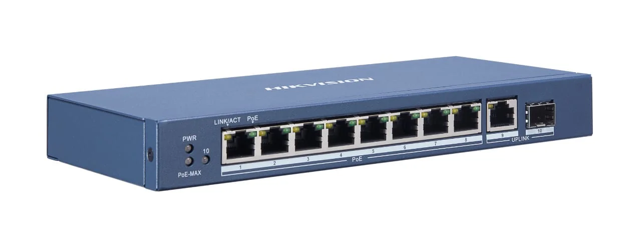 Switch 8 porturi PoE Gigabit Hikvision DS-3E0510P-E/M, L2, Unmanaged, 8 * Gigabit PoE ports, 1 * Gigabit RJ45 port, 1 * Gigabit SFP fiber optical port